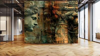 Abstract portrait with ancient columns and gears. Wall mural