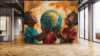 African children with globe in hands. Wall mural