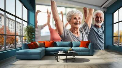 Age-Defying Strength: Energetic Elderly Woman Engages in Body Pump Exercises at Gym Wall mural