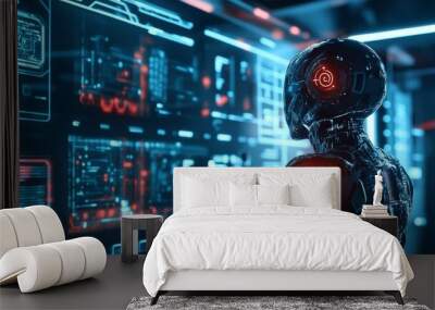 AI robot looking at digital screens. Wall mural