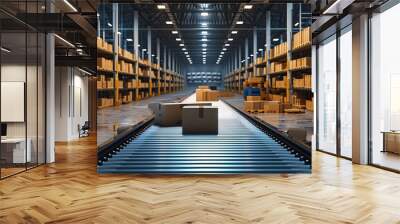 An automated logistics concept illustrated by a conveyor belt in a distribution warehouse, with rows of cardboard box packages for e-commerce delivery. Wall mural