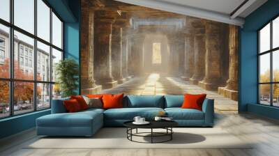 Ancient stone corridor with sunlight streaming through. Wall mural