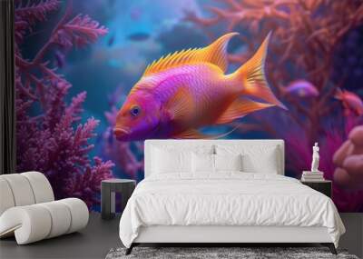 Aquatic Symphony: A mesmerizing display of tropical fish gracefully navigating through an intricately designed aquarium, surrounded by flourishing coral formations. Wall mural