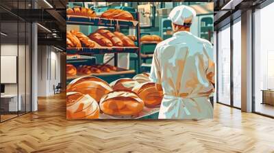 Baker in white uniform surrounded by fresh bread. Wall mural