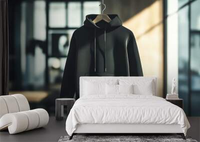 Black hoodie hanging on a wooden hanger. Wall mural