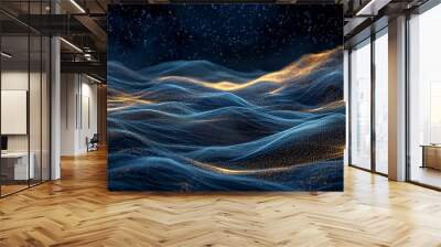 Blue and gold abstract waves with lights. Wall mural