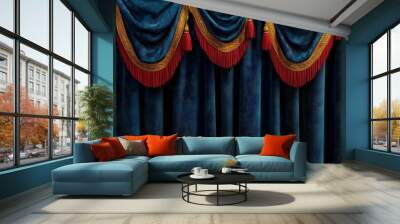 Blue velvet curtains with red and gold trim. Wall mural