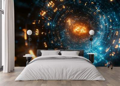 Circular glowing blue and orange pattern. Wall mural