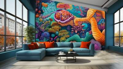 Colorful abstract painting of underwater life. Wall mural