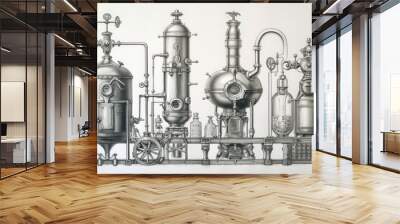 Conceptual sketches of industrial machinery depicted on paper. Wall mural