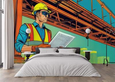 Construction worker examines plans under a bridge. Wall mural