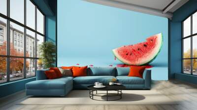 Dripping Watermelon Slice on Blue Background Wall mural