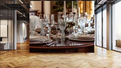 Elegant dining table setting with silver plates and glasses. Wall mural