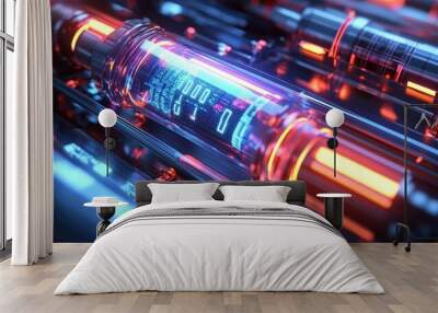 Futuristic, glowing, metallic tubes with data. Wall mural