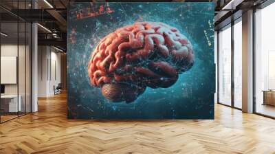 Human brain with blue and red lines. Wall mural