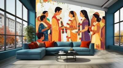 Indian wedding ceremony with guests and garlands. Wall mural