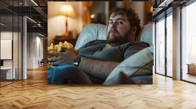 Man Indulging in Snacks While Sitting on Couch Wall mural