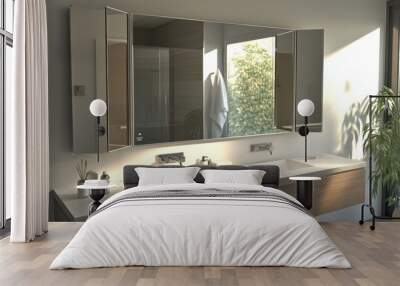 Modern bathroom with large mirror and window. Wall mural