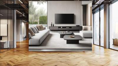 Modern living room with couch, TV, and two coffee tables. Wall mural