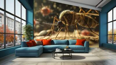 Mosquito landing on skin with bacteria. Wall mural