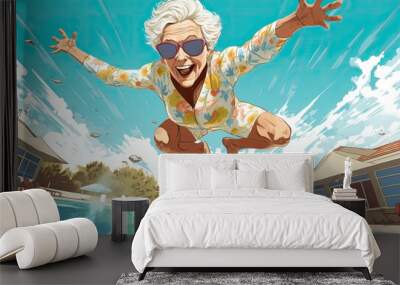 Old woman jumping into swimming pool. Wall mural