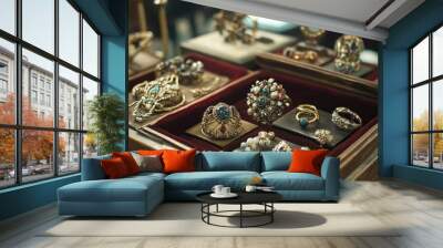 Ornate jewelry in a wooden box. Wall mural