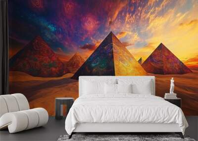 Ornate pyramids in a desert landscape at sunset. Wall mural