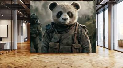 Panda soldier in a foggy forest. Wall mural