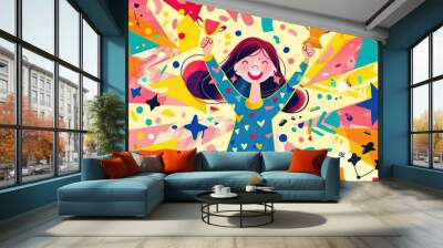 Playful Cartoon Victory with Trophy Wall mural