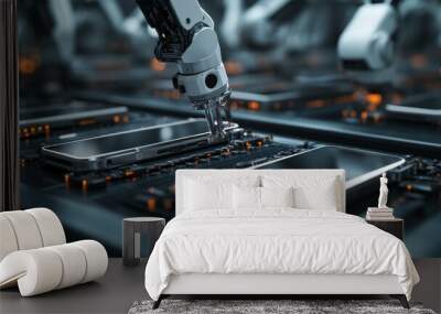 Robot arm assembling smartphones on production line. Wall mural