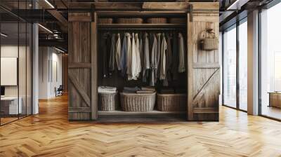 Rustic wooden closet with clothes and wicker baskets. Wall mural