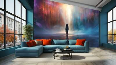 Silhouette of a woman standing in a colorful, abstract world. Wall mural