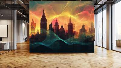 Silhouetted cityscape with abstract colorful waves. Wall mural