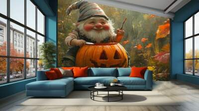 Smiling gnome carving a jack-o-lantern. Wall mural