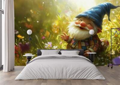 Smiling gnome in a field of flowers. Wall mural