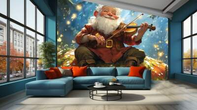 Smiling gnome plays violin on a mushroom. Wall mural