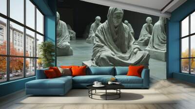 Stone statues sit on plinths in a gallery. Wall mural