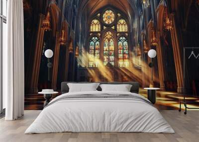 Sunlight streams through stained glass in a cathedral. Wall mural