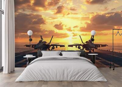 The dynamic sight of fighter jets launching from aircraft carriers, exemplifying the coordinated strength of air and naval capabilities. Wall mural