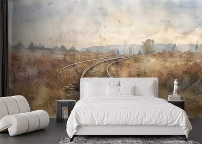 Train tracks disappearing into a watercolor landscape. Wall mural