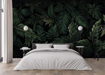 Tropical leaves in vivid colors forming a pattern on a dark background. Wall mural