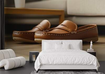 Two brown leather loafers on wooden floor. Wall mural