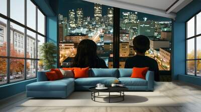 Two children peer out from the window of a tall building, marveling at the sprawling cityscape below with wide-eyed wonder. Wall mural