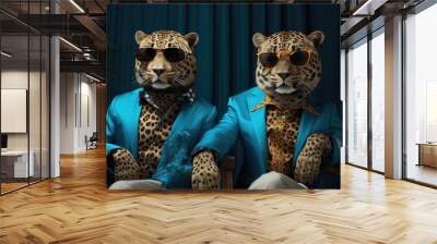 Two leopard fashion models showcasing trendy style while wearing stylish sunglasses. These cute anthropomorphic animals bring a playful and fashionable vibe to the scene. Wall mural