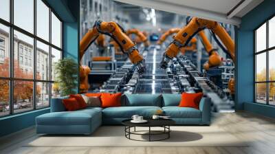 Two orange robotic arms in a factory. Wall mural