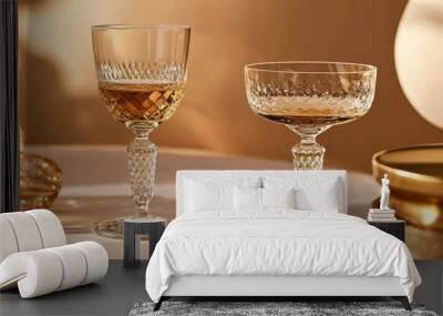 Two ornate glasses with amber liquid on table. Wall mural