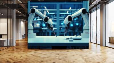 Two robotic arms working on a table. Wall mural