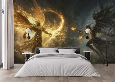 Two winged figures clashing in fire and smoke. Wall mural