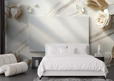 White roses and gold leaves around a blank card. Wall mural