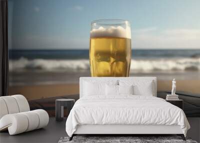 A glass of lager beer on table on a summer beach bar background light beer illustration Generative AI Wall mural